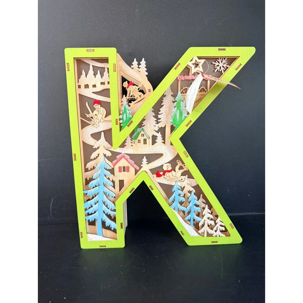 West Elm Monogram K Light Up Winter Scene Christmas Decor Holiday Folk Festive
